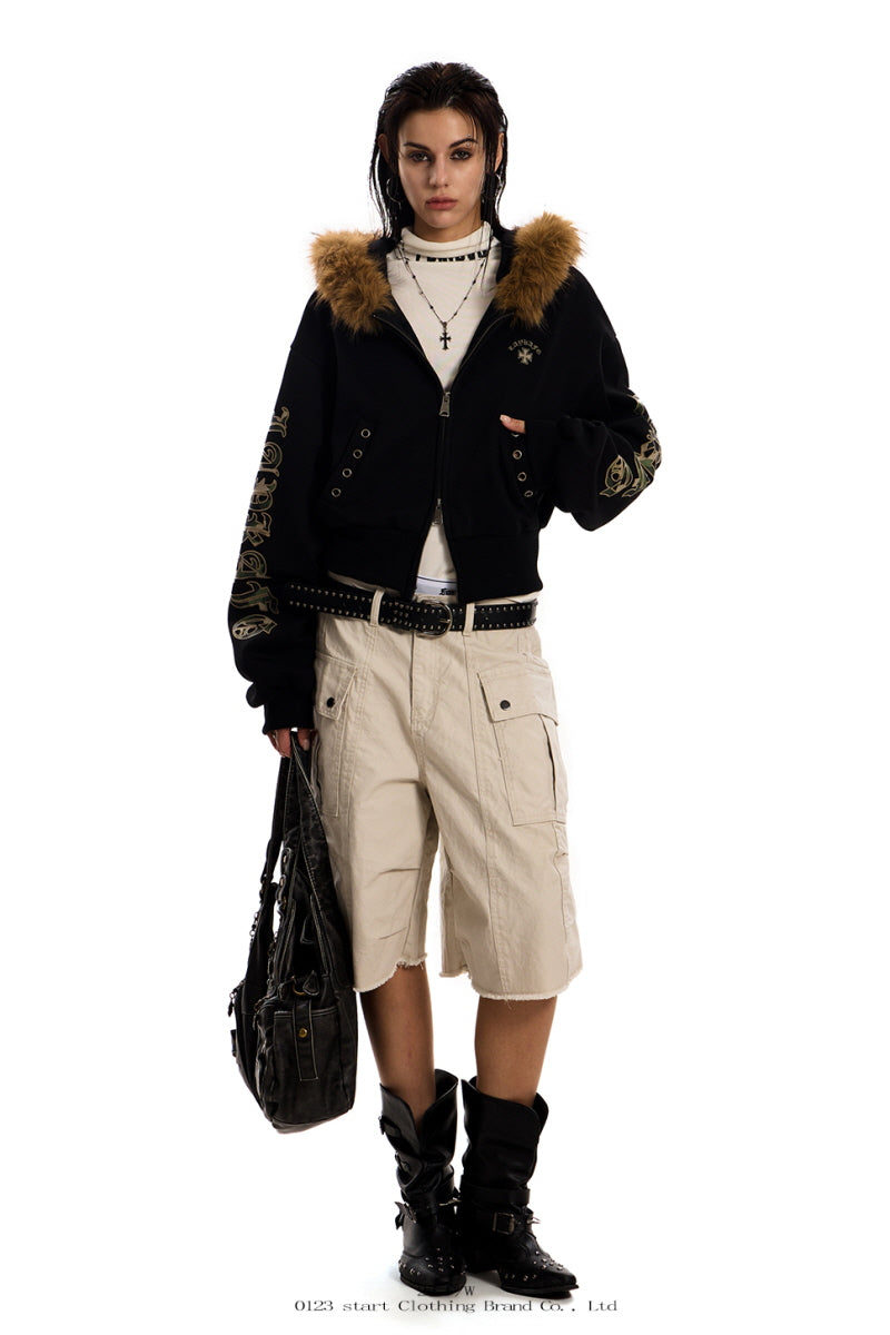 Fur-Trim Rebel Crop Hoodie -Black
