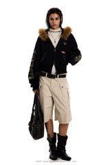 Fur-Trim Rebel Crop Hoodie -Black