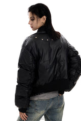 Stud Detail Cropped Leather Bomber Jacket