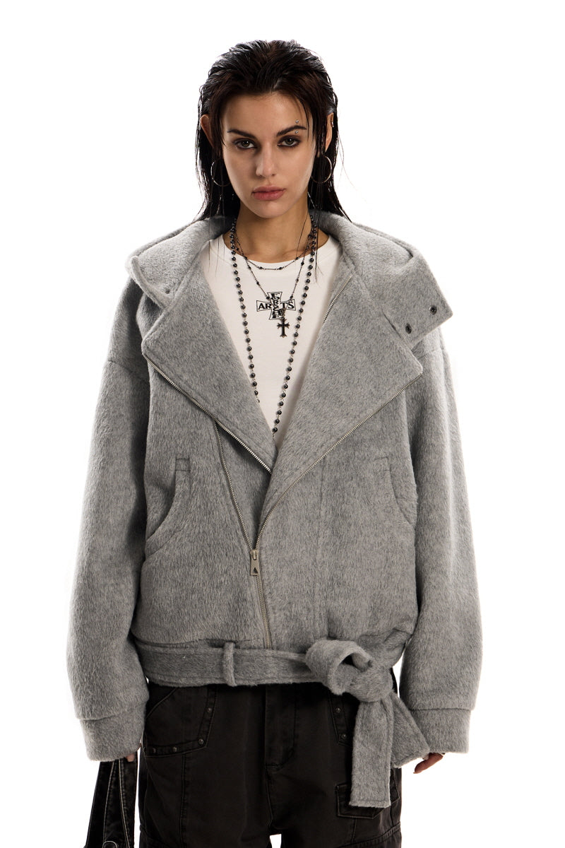 Urban Wool Tie-Belt Hoodie Jacket