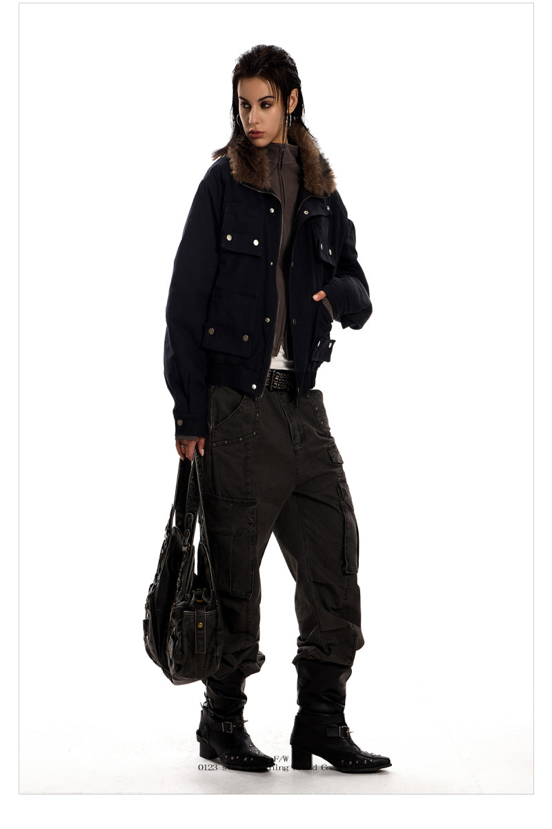 Midnight Cargo Fur-Collar Jacket - Black