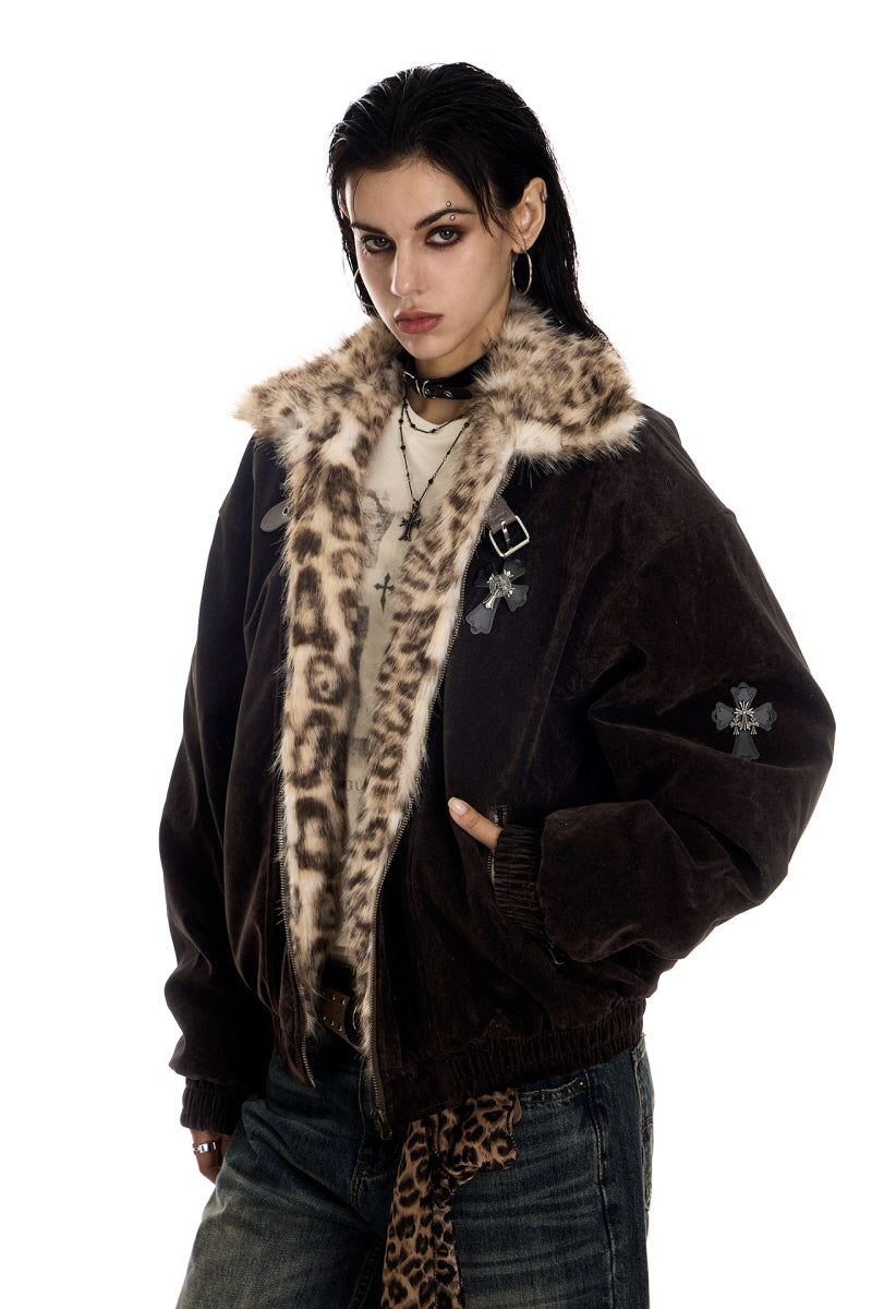 Leopard Lined Suede Bomber Jacket