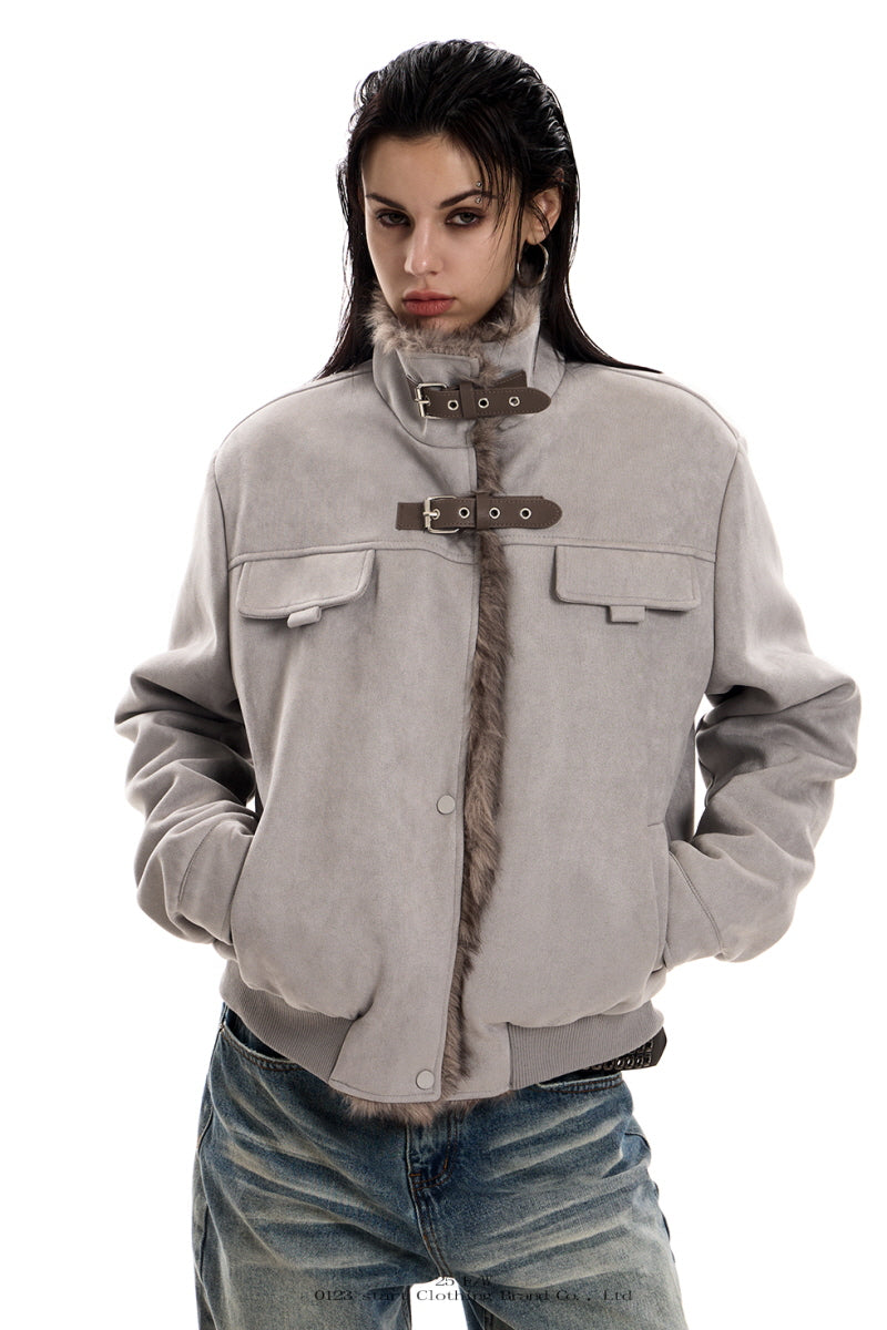 Faux Suede Buckled Fur Collar Jacket - Gray