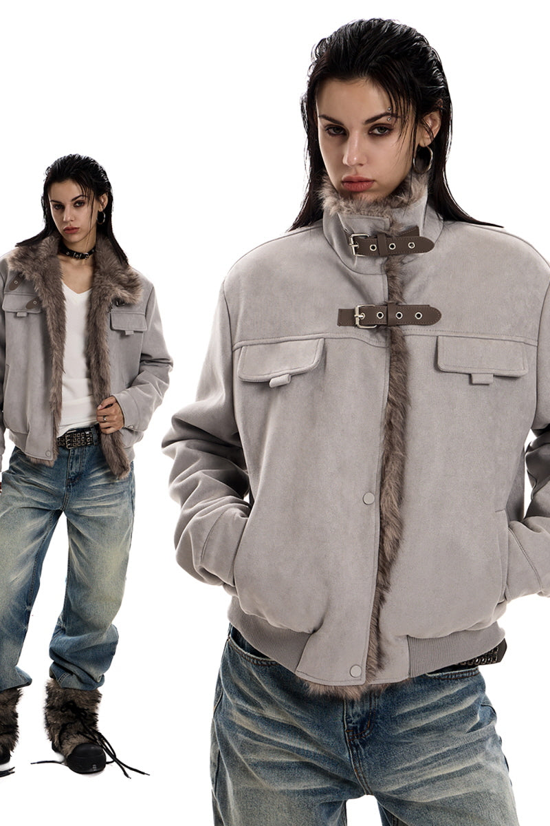 Faux Suede Buckled Fur Collar Jacket - Gray