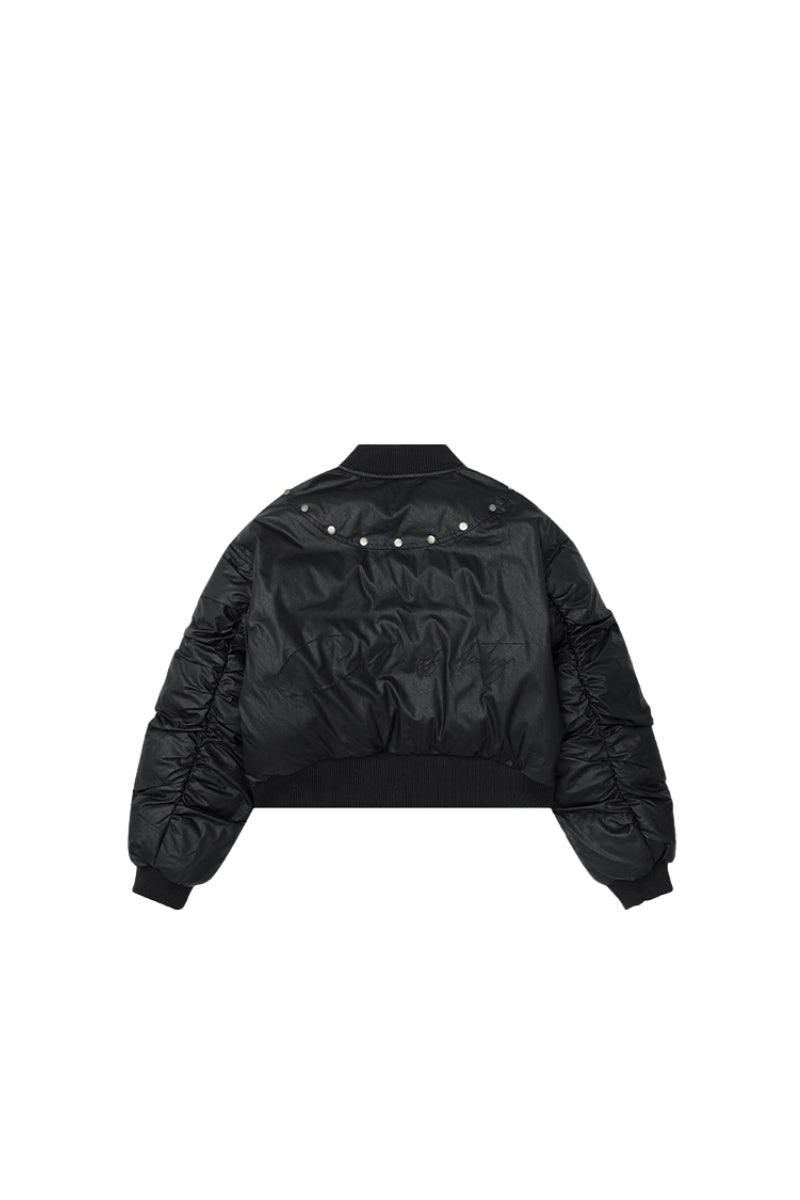 Stud Detail Cropped Leather Bomber Jacket