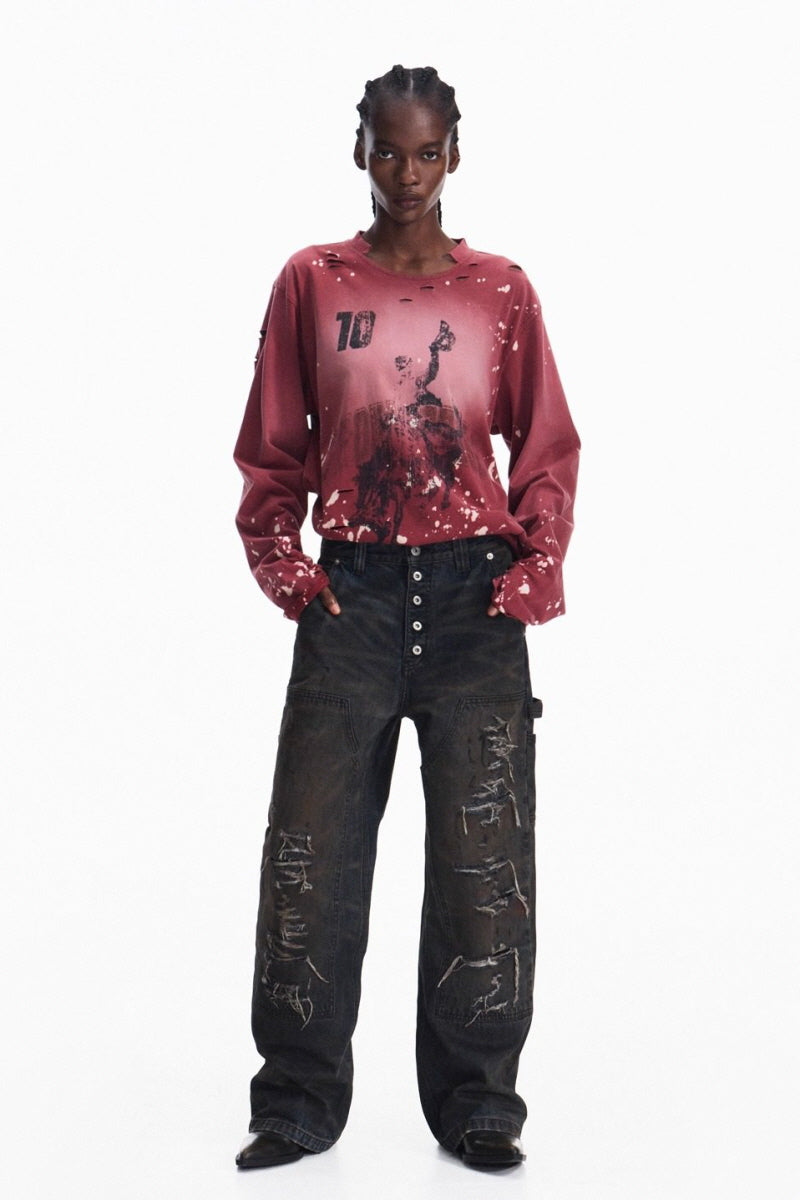 Paint-Splatter Graphic Long Sleeve T-Shirt