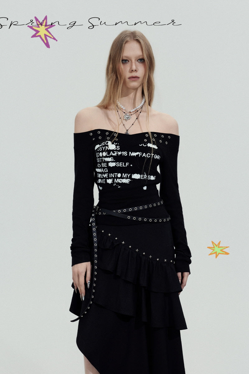 Studded Graphic Off-Shoulder Top