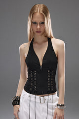Fierce Lace-Up Halterneck Top - Black