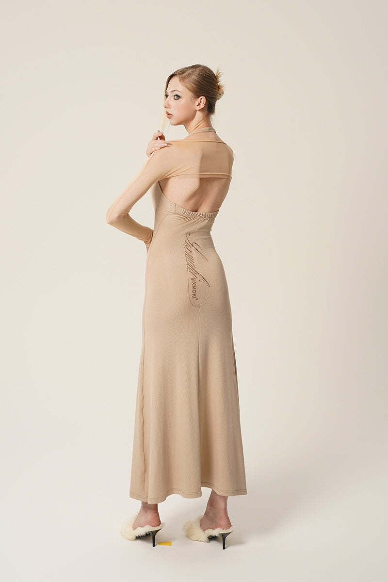 Beige Sheer Sleeve Halterneck Maxi Dress