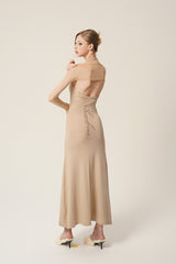 Beige Sheer Sleeve Halterneck Maxi Dress