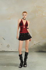 Ripped Scream Halterneck Top + Chain Pleated Mini Skirt Set