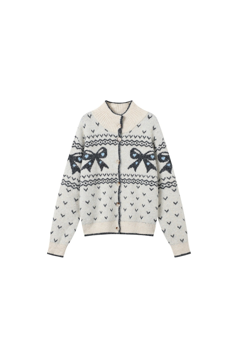 Bow Pattern Fair Isle Knit Cardigan