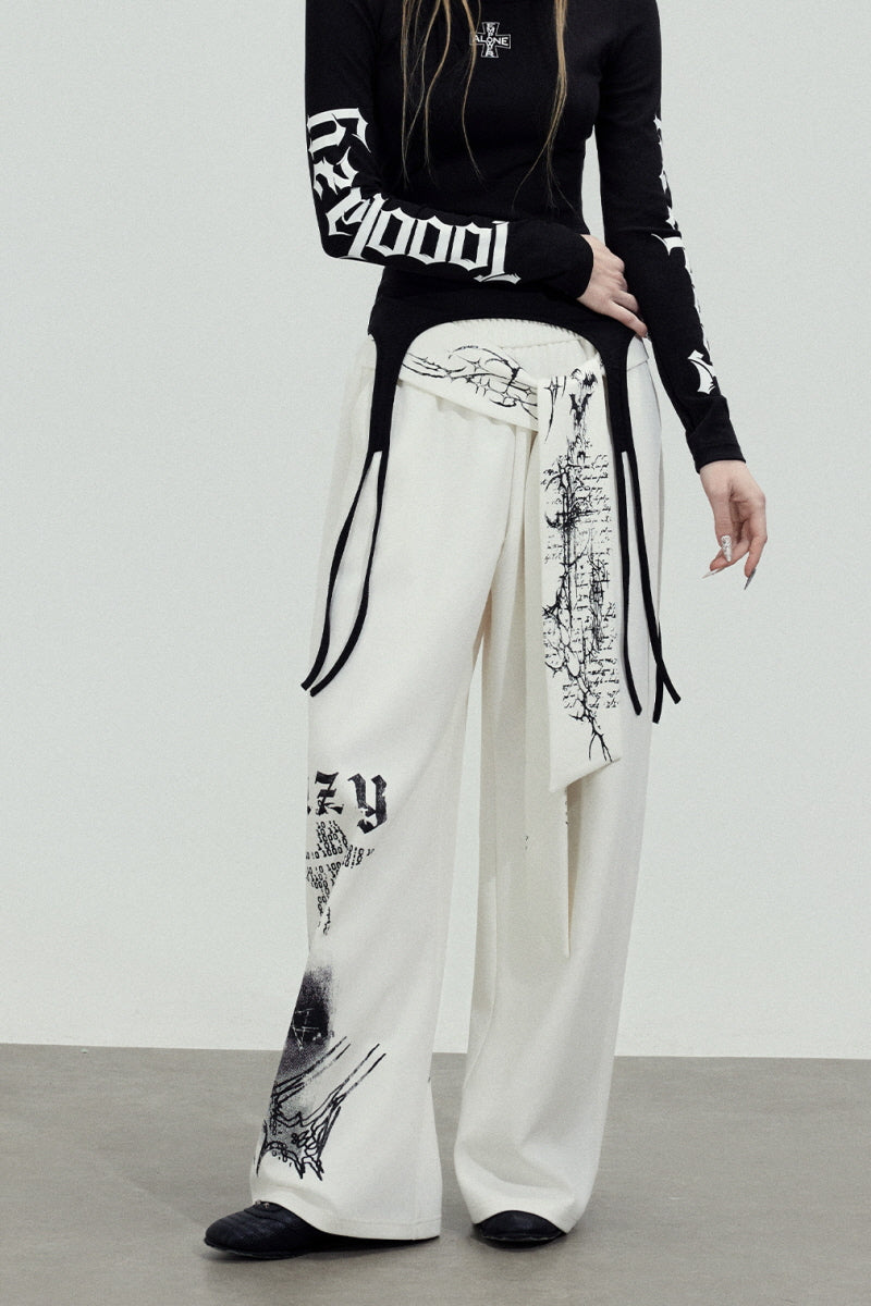 Graphic Tie Wide Sweatpants - White