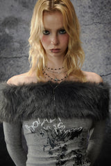 Fur Trim Off-Shoulder Top - Gray
