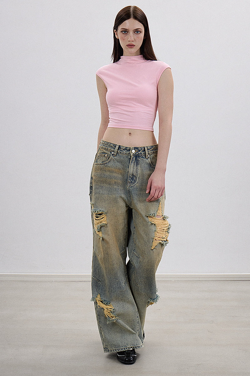 Distressed Vintage Straight Denim Pants