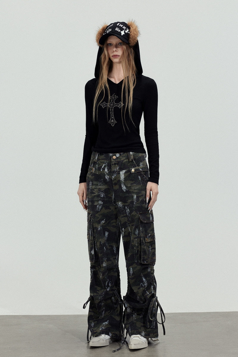 Camo Strap Wide Cargo Pants