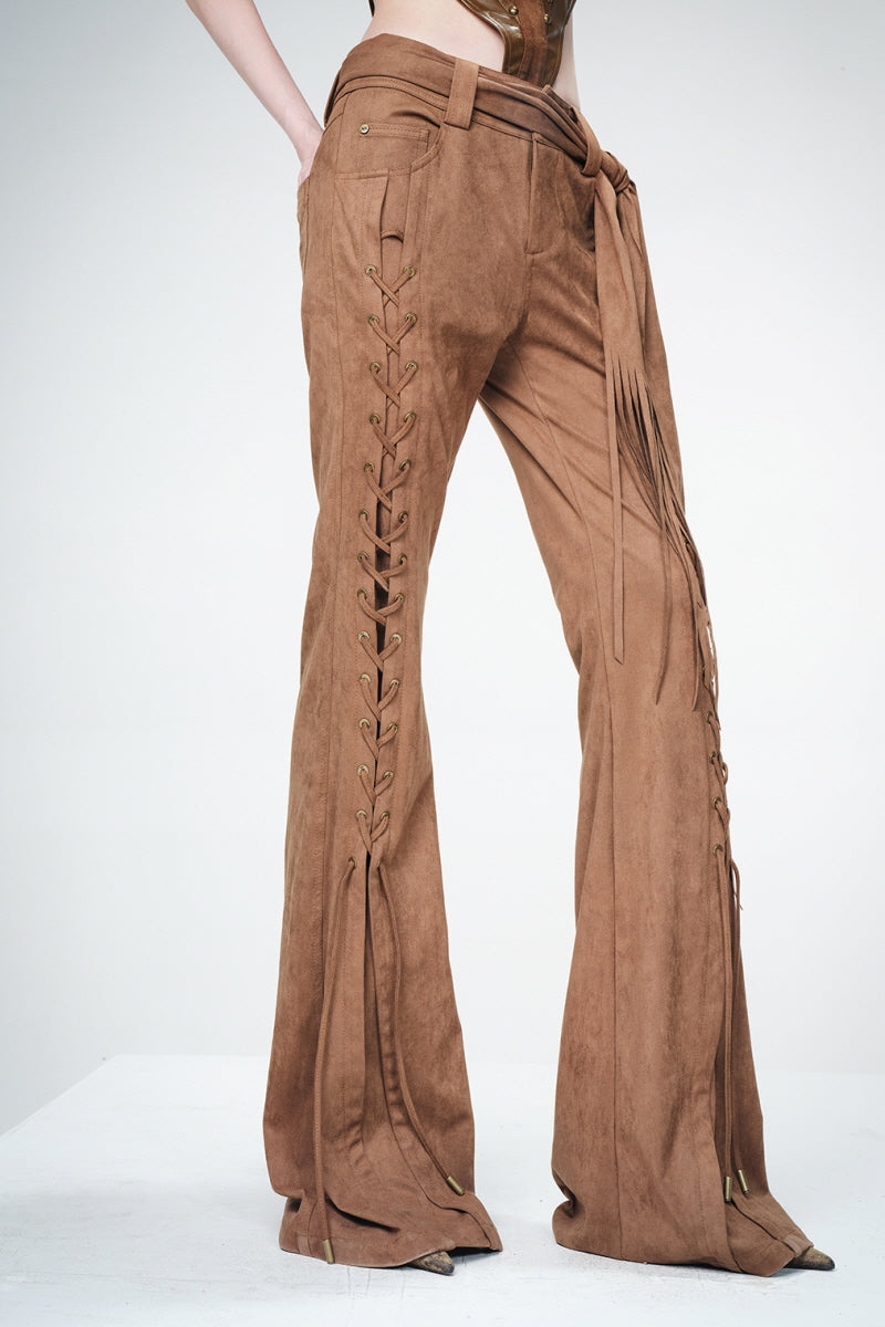 Lace-Up Fringe Flare Pants