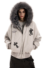 Leopard Cross Faux-Fur Hooded Bomber - Gray