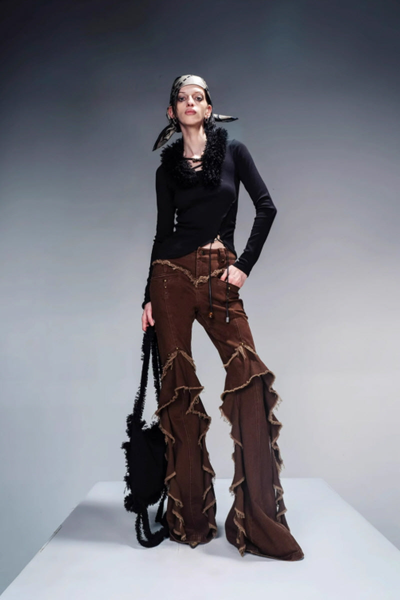 Fringe Rhythm Flared Pants-Brown