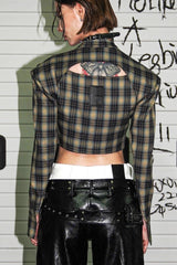 Green Plaid Leather Patchwork Crop Top