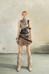 Fringe Script Pleated Mini Skirt