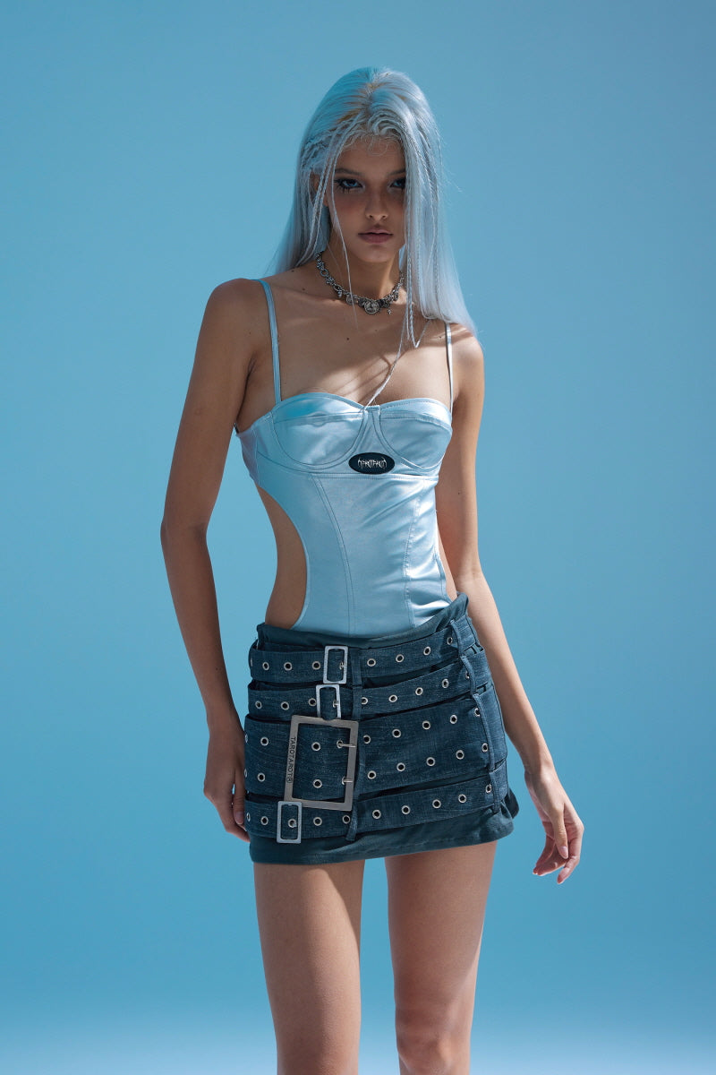 Multi-Buckle Distressed Low-Rise Mini Skirt-Dark Gray