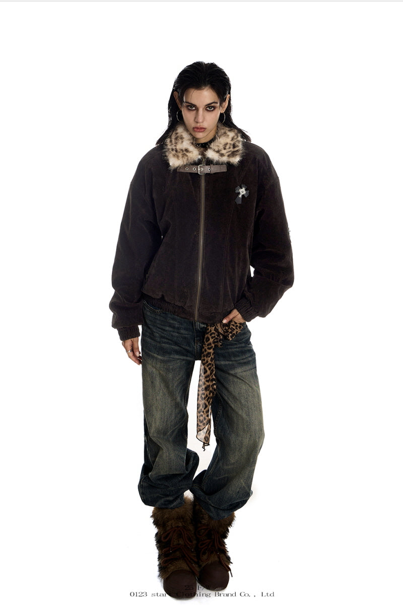 Leopard Lined Suede Bomber Jacket