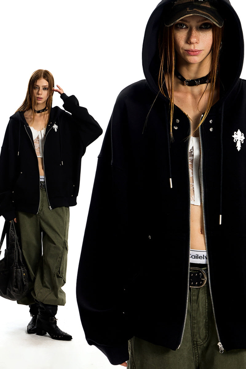 Cross Emblem Oversize Hoodie - Black