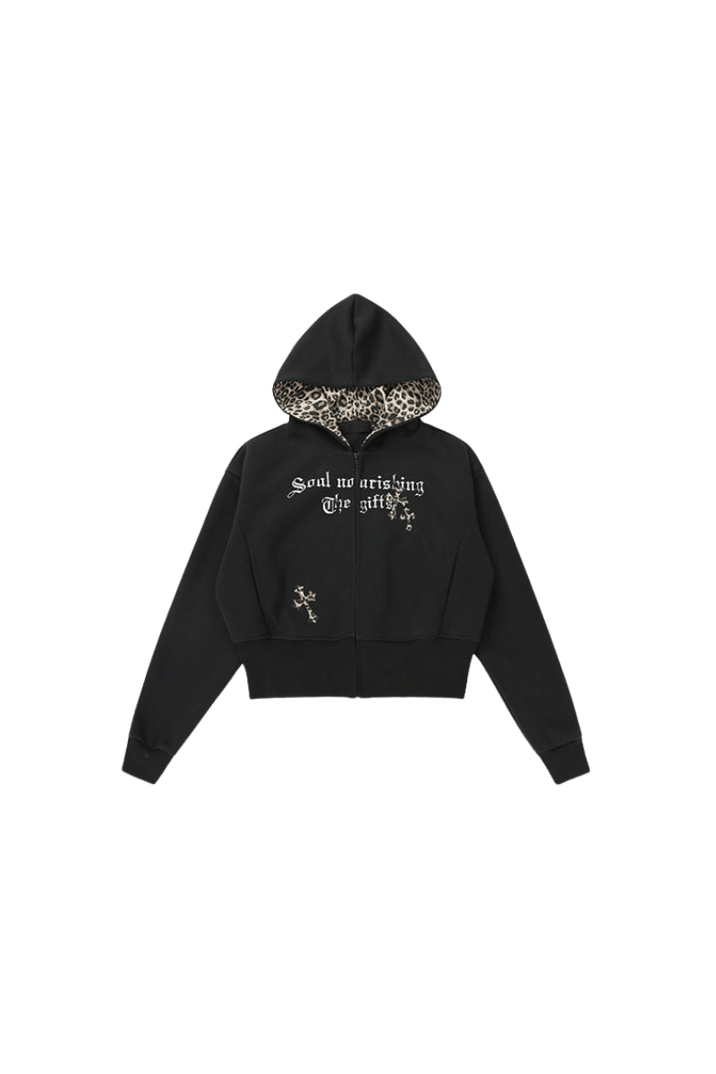 Leopard Crest Cropped Hoodie - Black