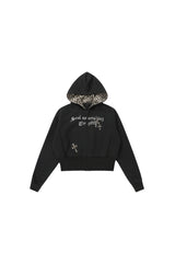 Leopard Crest Cropped Hoodie - Black
