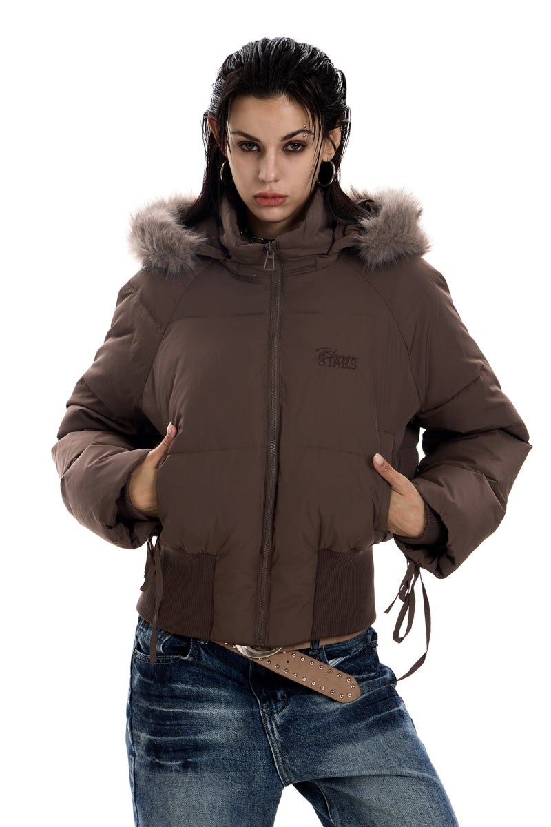 Frostbound Lace-Up Cropped Puffer Jacket - Brown