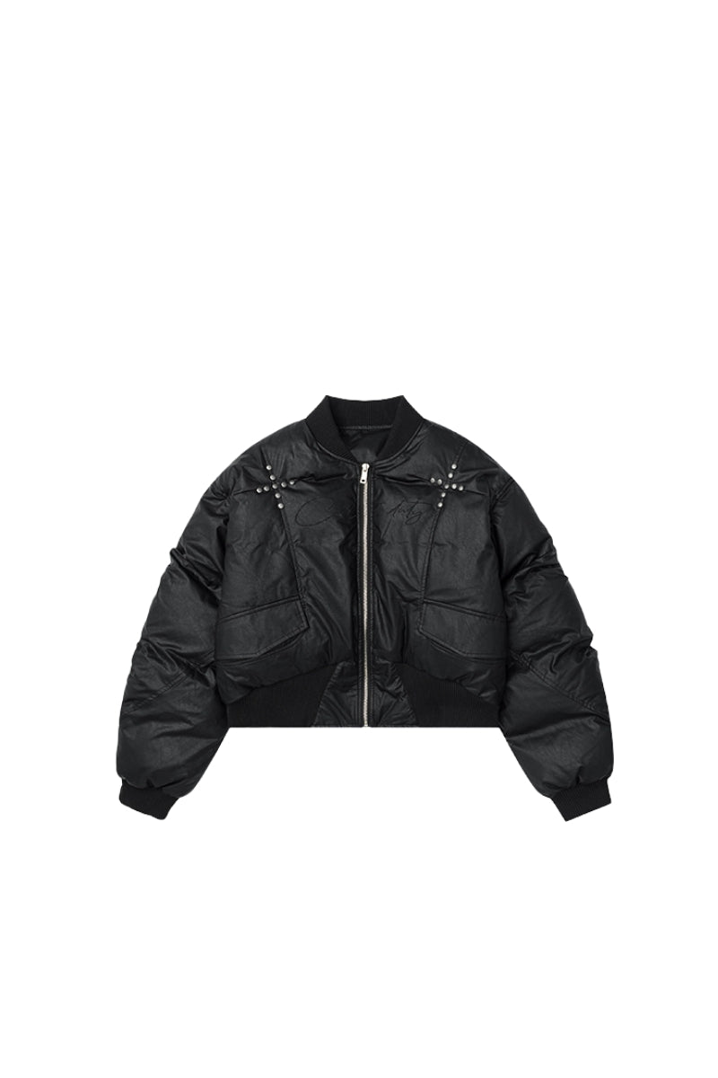 Stud Detail Cropped Leather Bomber Jacket