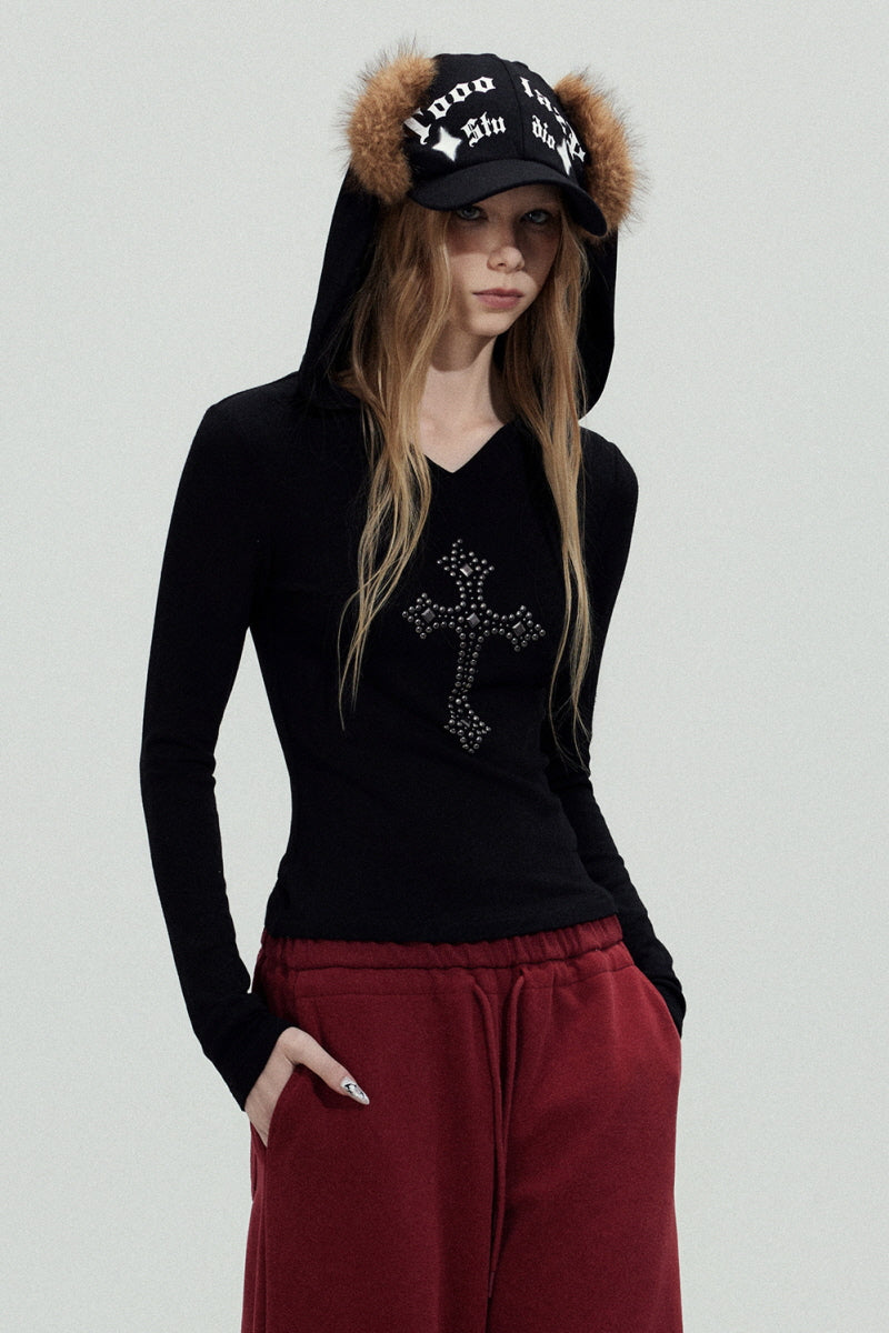 Rhinestone Cross Hooded Slim Top - Black