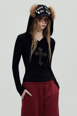 Rhinestone Cross Hooded Slim Top - Black