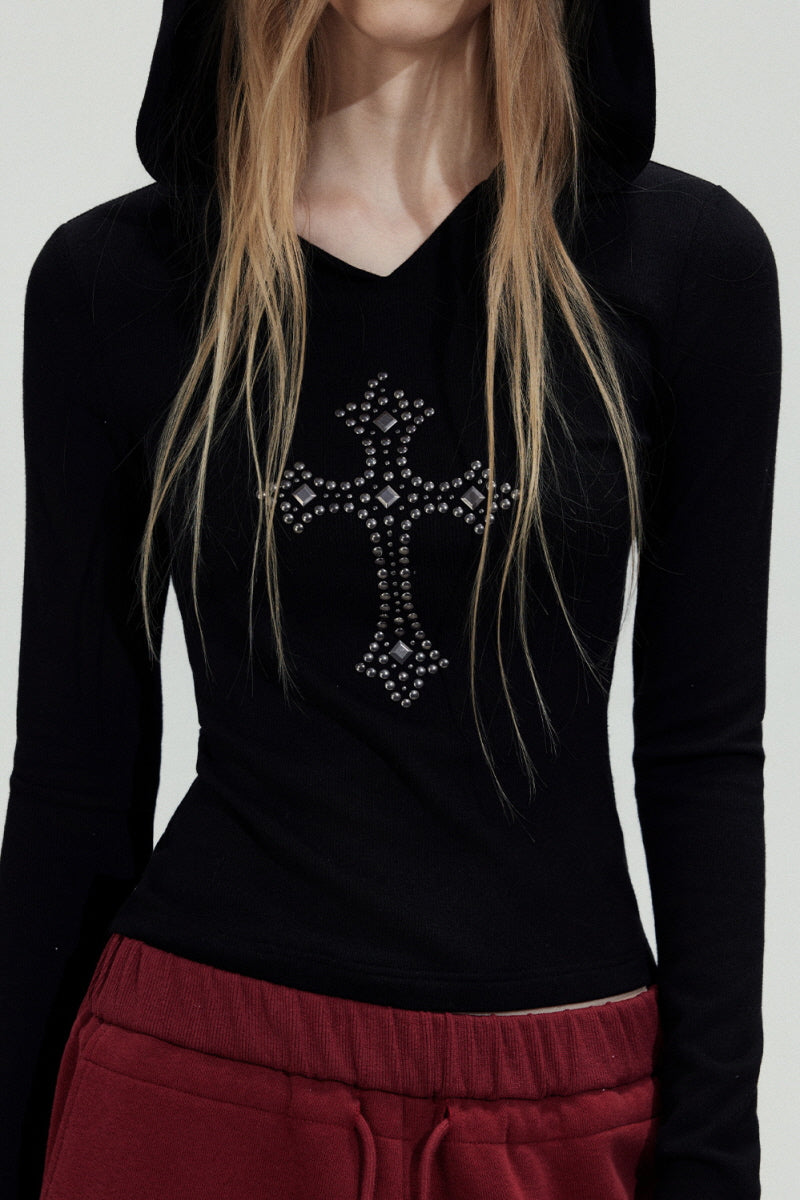 Rhinestone Cross Hooded Slim Top - Black