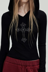 Rhinestone Cross Hooded Slim Top - Black