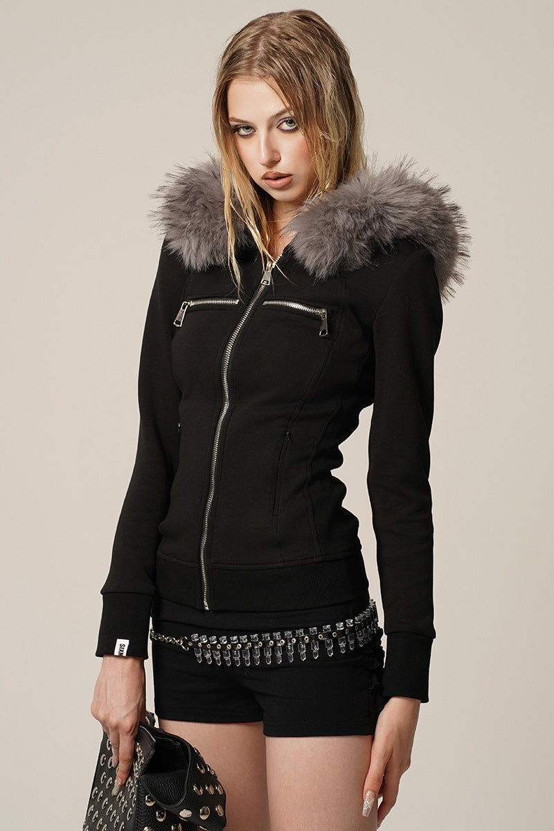 Fur Trimmed Elegance Hoodie Jacket - Black