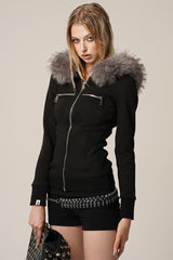 Fur Trimmed Elegance Hoodie Jacket - Black