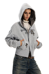 Leopard Crest Cropped Hoodie - Gray