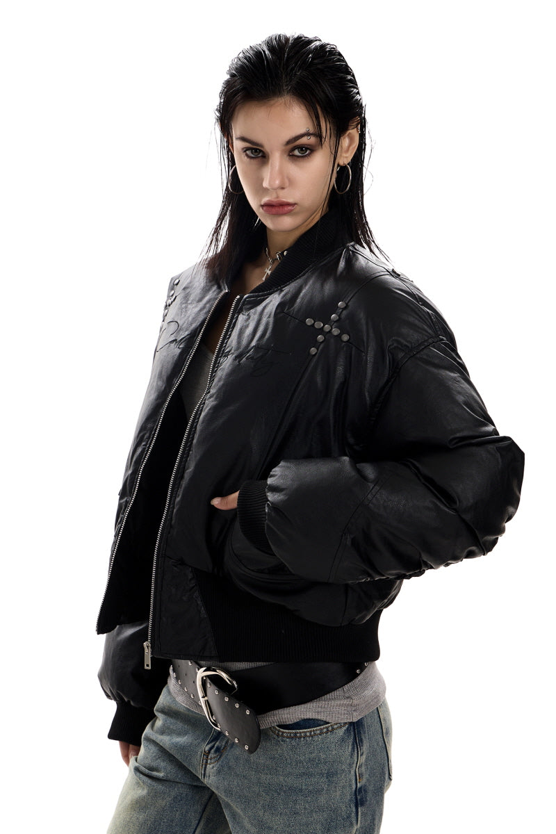 Stud Detail Cropped Leather Bomber Jacket