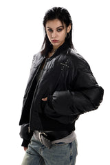 Stud Detail Cropped Leather Bomber Jacket