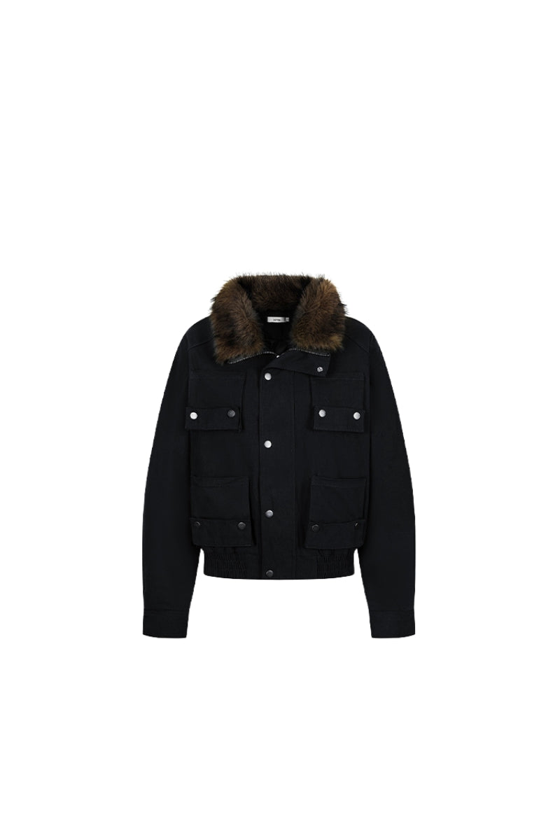 Midnight Cargo Fur-Collar Jacket - Black