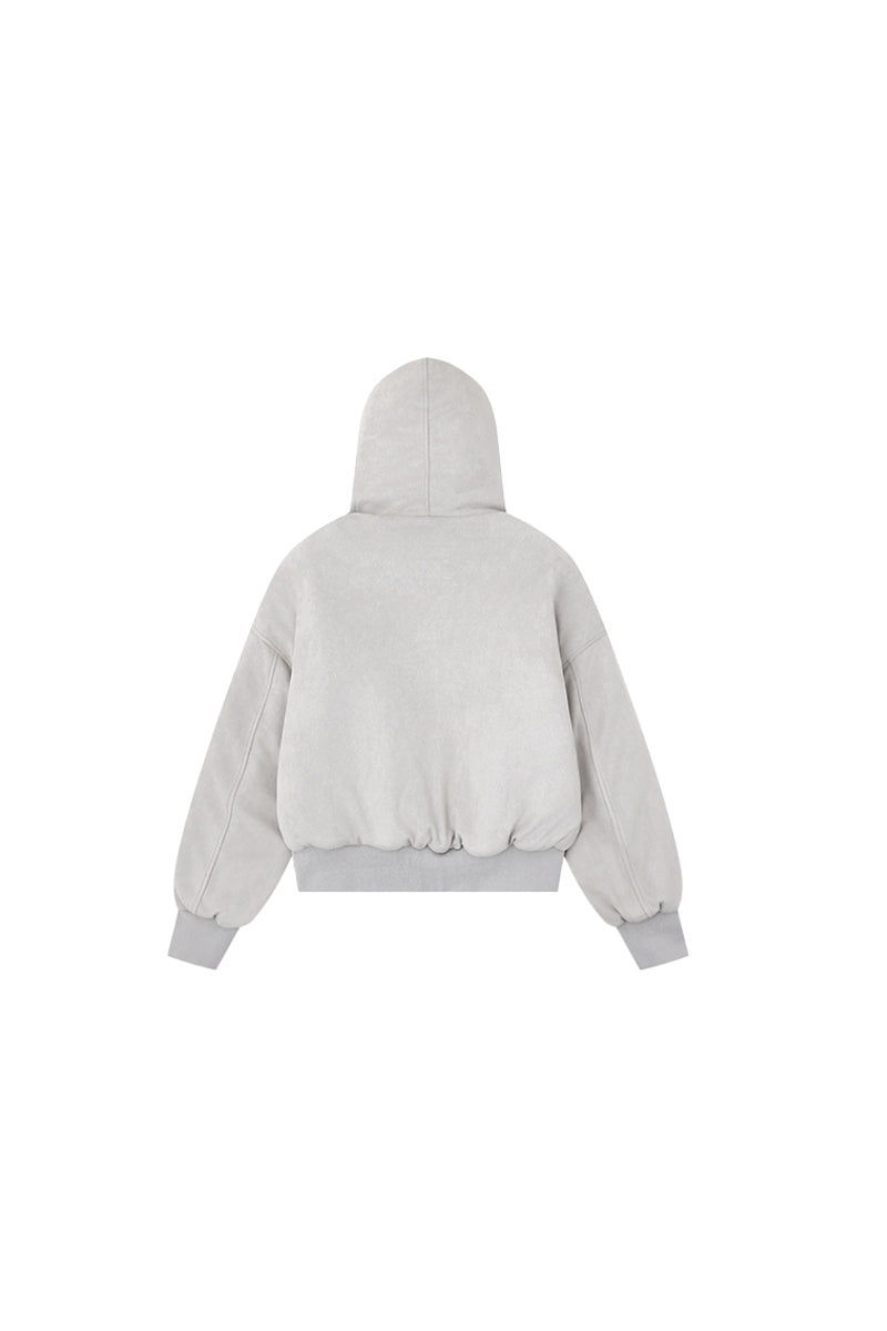Leopard Cross Faux-Fur Hooded Bomber - Gray