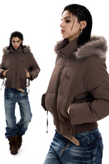Frostbound Lace-Up Cropped Puffer Jacket - Brown