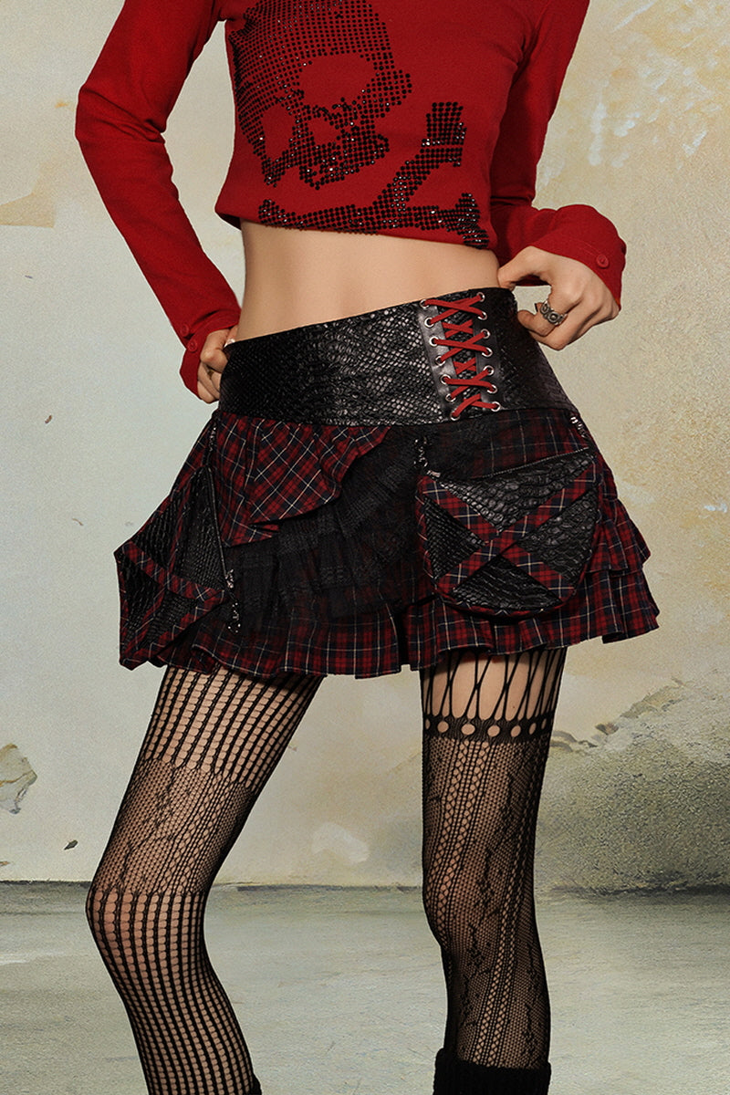 Dual Plaid Patchwork Leather Mini Skirt
