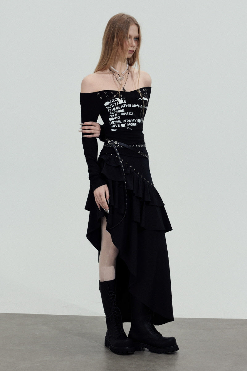 Studded Graphic Off-Shoulder Top