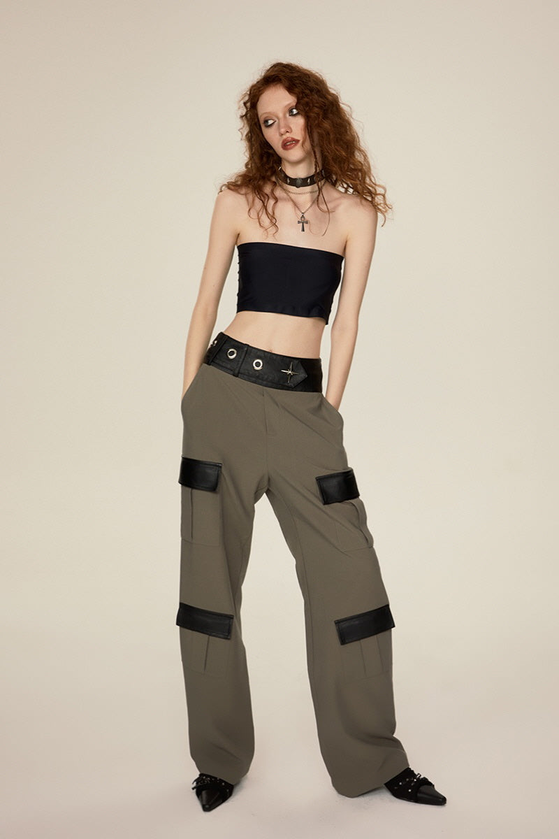 Leather Trim Low-Rise Cargo Pants