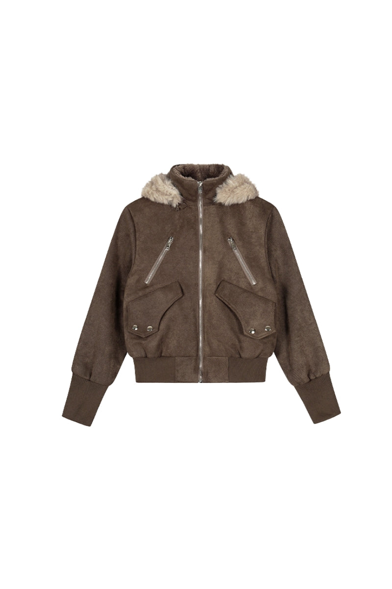 Urban Edge Fur-Trim Short Jacket - Dark Brown