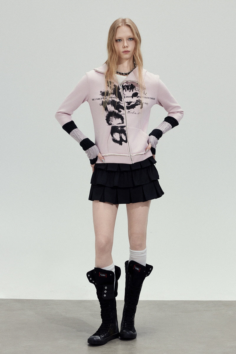 Grunge Print Cropped Zip Hoodie