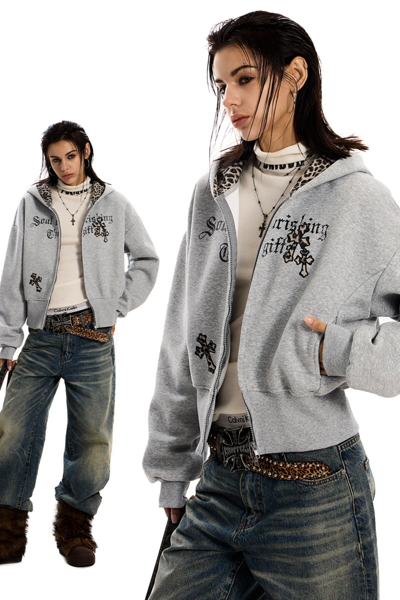 Leopard Crest Cropped Hoodie - Gray